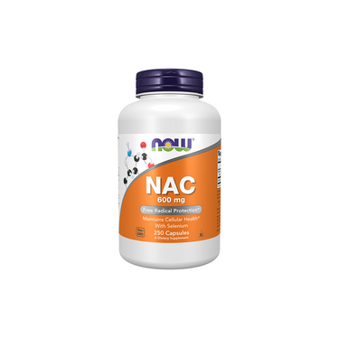 A white bottle of Now Foods N-Acetyl Cysteine 600 mg antioxidant supplement with 250 capsules, labeled for free radical protection, liver and cellular health.